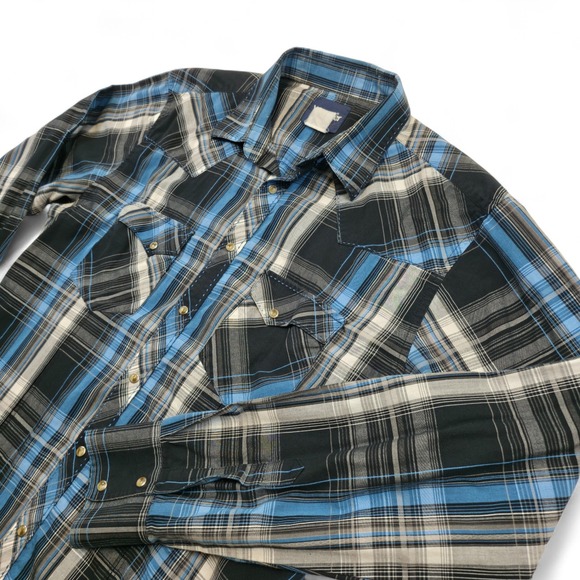 Wrangler Men's Large Blue Black Plaid Western Pearl Snap Shirt Long Sleeve Retro - Picture 2 of 8